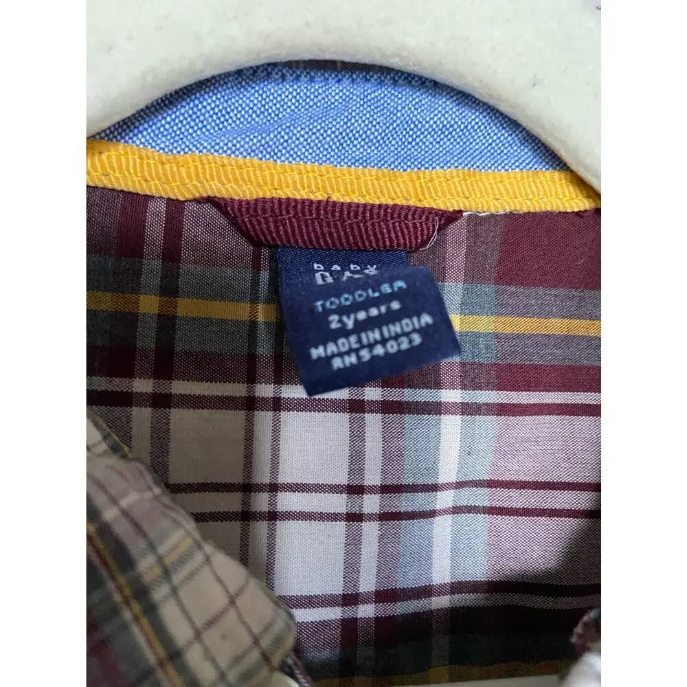 Gap Boys Shirt‎ Size 2 Burgundy Green Yellow Plaid Long Sleeve Button Up Front